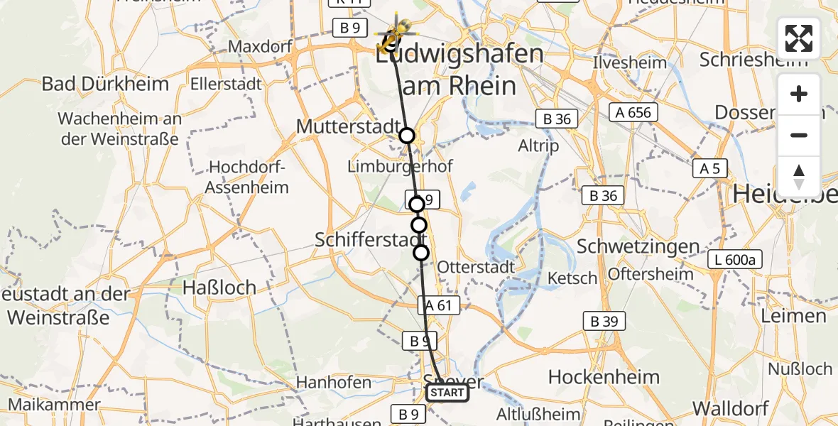 Flugroute Rettungshubschrauber Speyer - Ludwigshafen Accident Hospital, 22 September 2026, 13:53