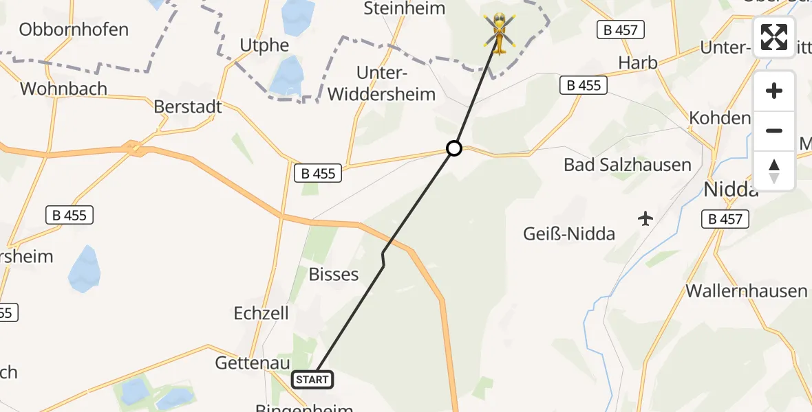 Flugroute Ambulanzhubschrauber Echzell - Hungen, 22 September 2026, 13:56