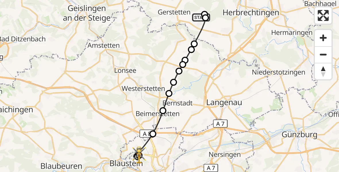 Flugroute Rettungshubschrauber Gerstetten - ADAC Air Rescue Station Ulm (Christoph 22), 22 September 2026, 13:57