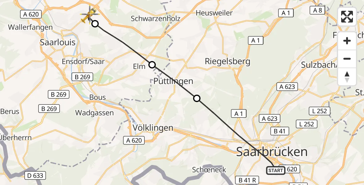 Flugroute Rettungshubschrauber Saarbrücken - Saarlouis, 22 September 2026, 13:58