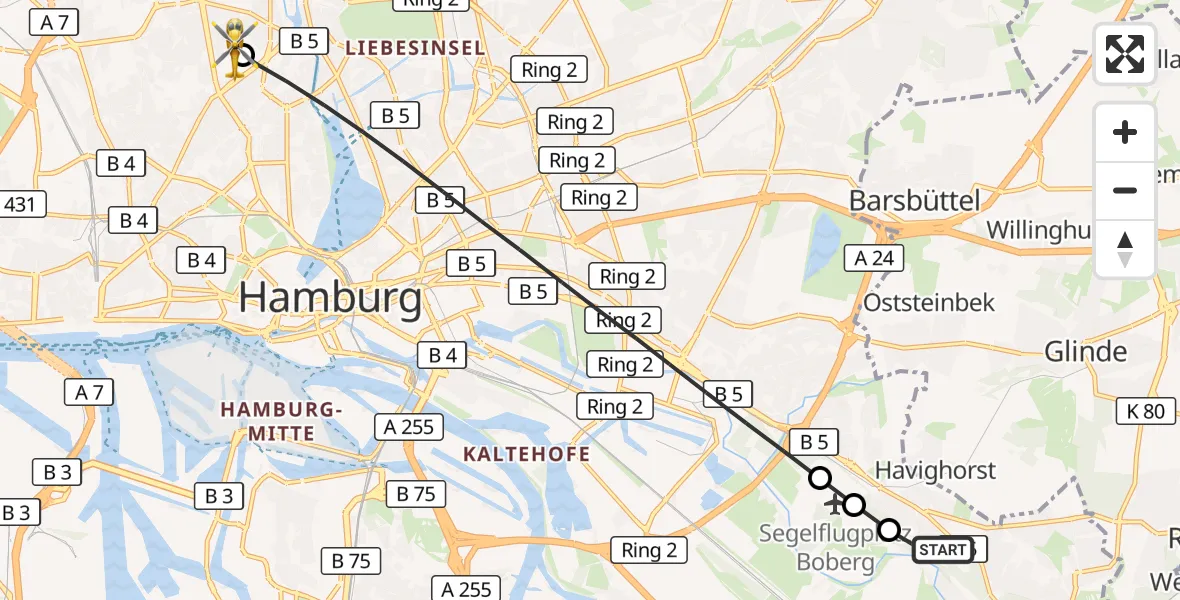 Flugroute Rettungshubschrauber Christoph Hansa ADAC Hubschrauberlandeplatz - Universitätsklinikum Hamburg-Eppendorf Hubschrauberlandeplatz, 22 September 2026, 13:58