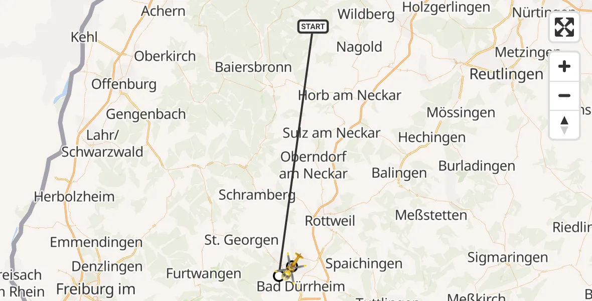 Flugroute Ambulanzhubschrauber Altensteig - DRF Air Rescue Station Villingen-Schwenningen Hubschrauberlandeplatz (Christoph 11), 22 September 2026, 14:03