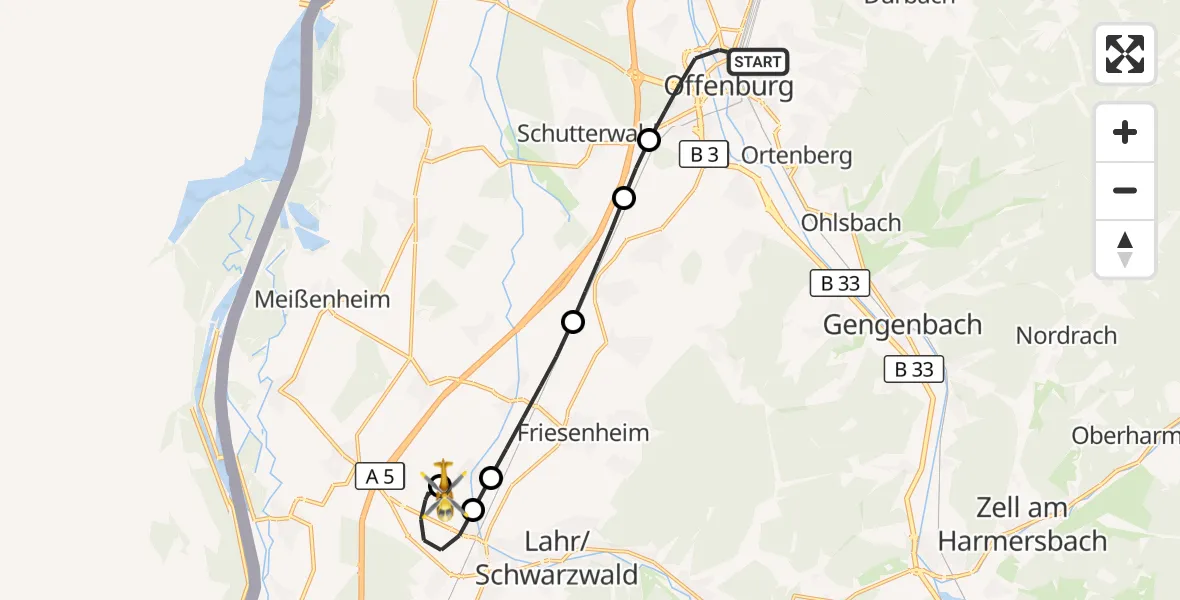 Flugroute Rettungshubschrauber Offenburg - Lahr Flughafen, 22 September 2026, 14:08
