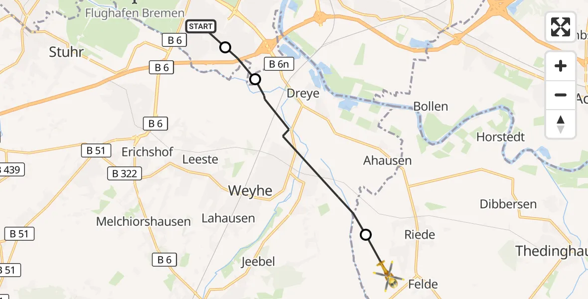 Flugroute Rettungshubschrauber ADAC Air Rescue Station Bremen Hubschrauberlandeplatz (Christoph 6) - Riede, 22 September 2026, 14:10