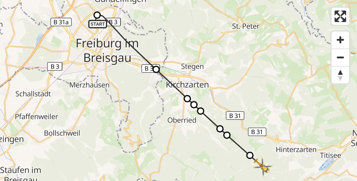 Flugroute Ambulanzhubschrauber Freiburg im Breisgau Flugplatz - Hinterzarten, 22 September 2026, 14:26