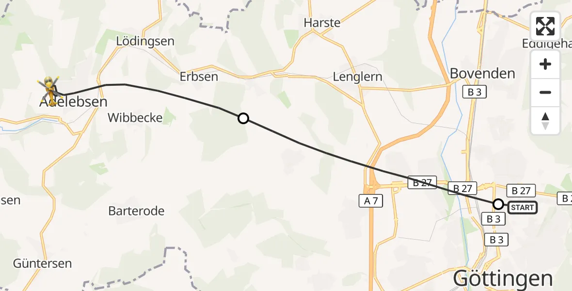 Flugroute Rettungshubschrauber Göttingen University Clinic Hubschrauberlandeplatz - Adelebsen, 22 September 2026, 14:43