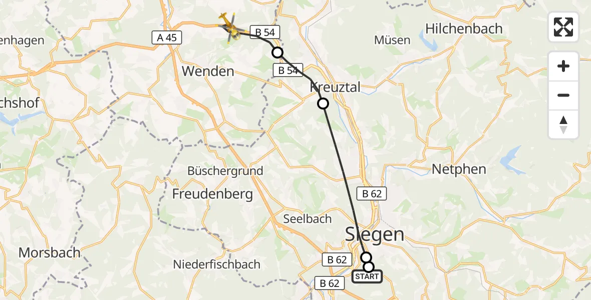 Flugroute Rettungshubschrauber Evangelisches Jung-Stilling Hospital - Wenden, 22 September 2026, 14:45