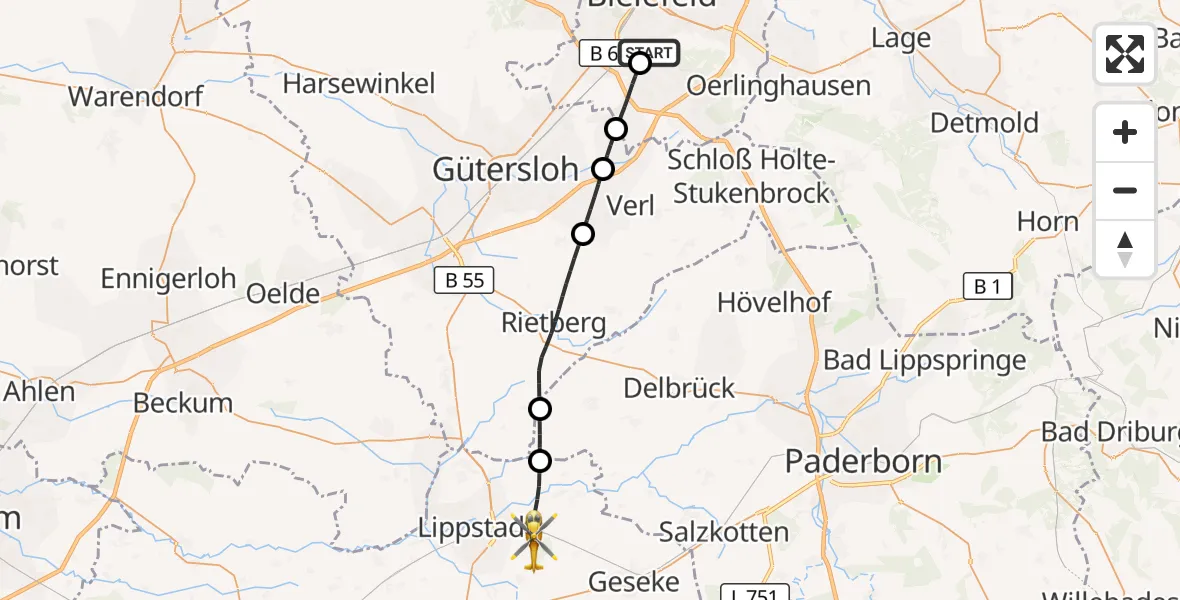 Flugroute Rettungshubschrauber Luftrettungszentrum Bielefeld - Lippstadt, 22 September 2026, 14:54