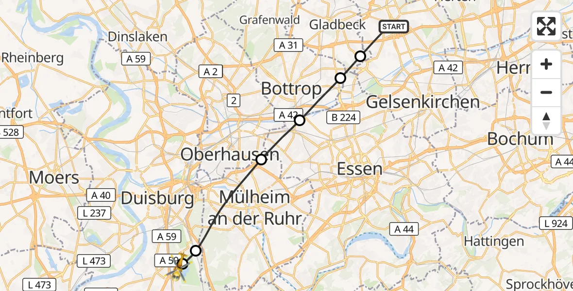 Flugroute Rettungshubschrauber Gelsenkirchen - Duisburg Air Rescue Hubschrauberlandeplatz (Christoph 9), 22 September 2026, 15:06