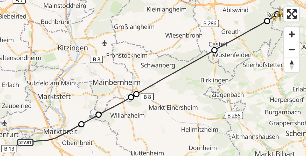 Flugroute Rettungshubschrauber Marktbreit - Geiselwind, 22 September 2026, 15:26