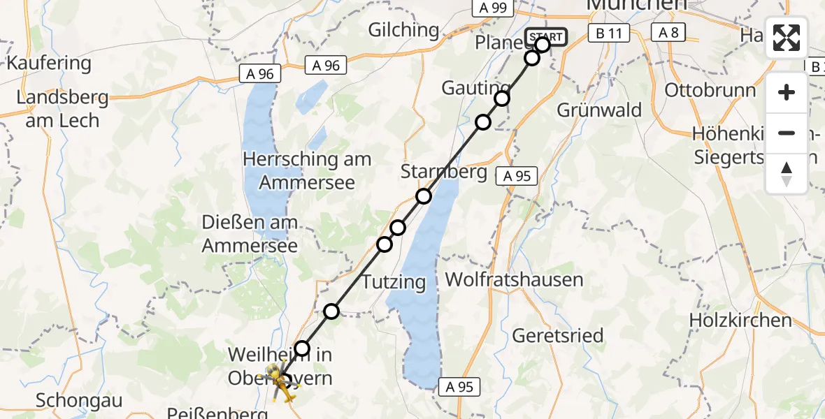 Flugroute Rettungshubschrauber DRF Air Rescue München Hubschrauberlandeplatz - Weilheim Rettungshubschrauberlandeplatz, 22 September 2026, 15:26