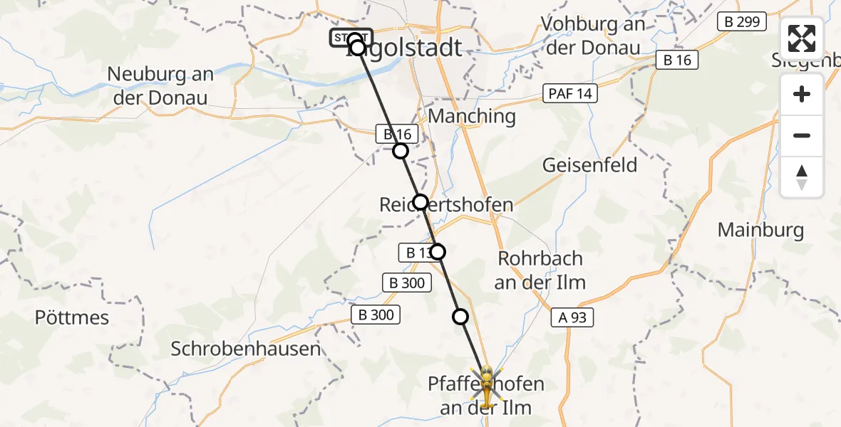 Flugroute Rettungshubschrauber Ingolstadt Hospital - Pfaffenhofen a.d.Ilm, 22 September 2026, 15:26