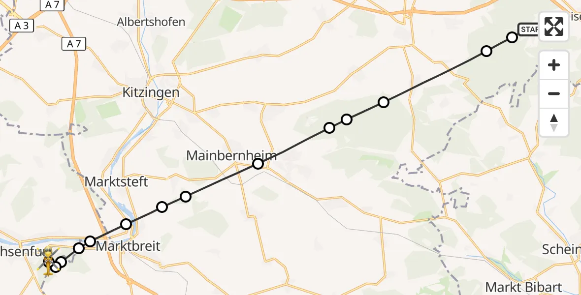 Flugroute Rettungshubschrauber Geiselwind - Ochsenfurt Hospital, 22 September 2026, 15:42