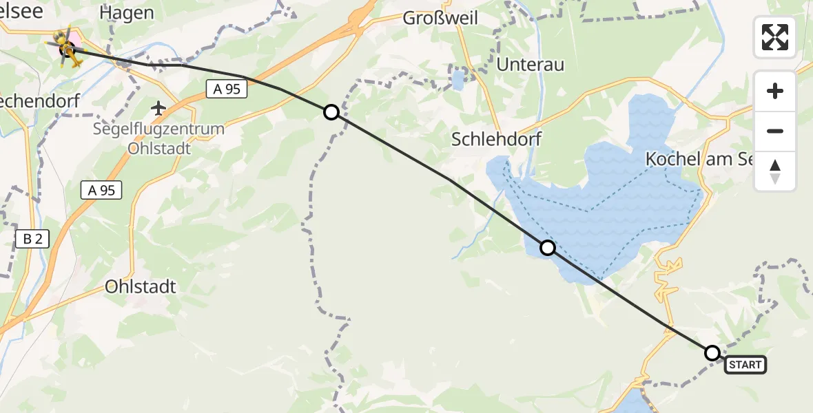 Flugroute Rettungshubschrauber Jachenau - Murnau Accident Hospital Hubschrauberlandeplatz, 22 September 2026, 15:48