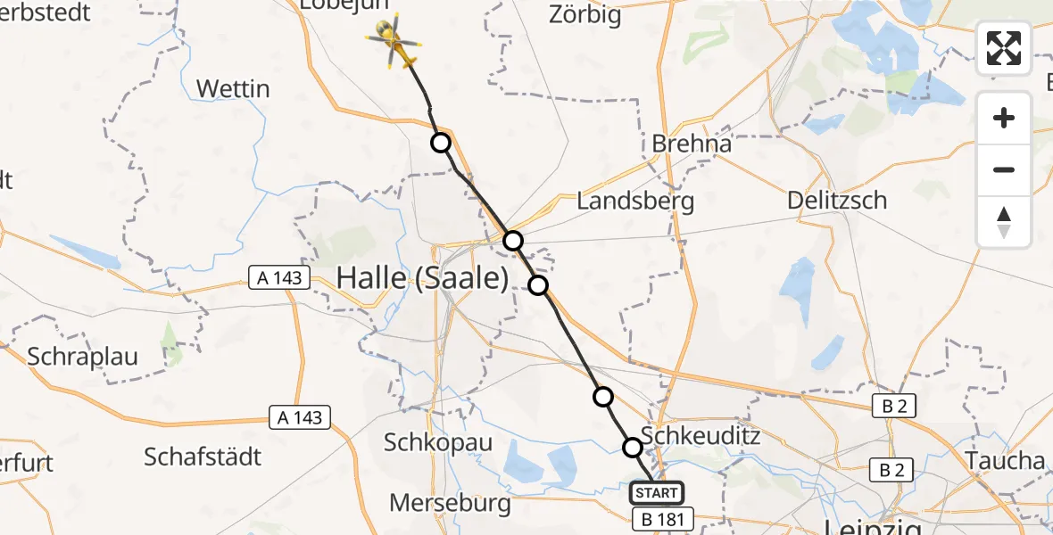 Flugroute Rettungshubschrauber Leuna - Petersberg, 22 September 2026, 15:52