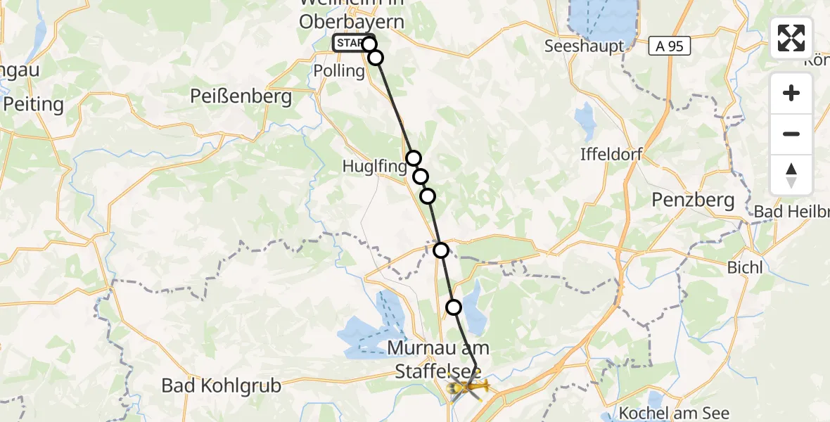 Flugroute Rettungshubschrauber Weilheim Rettungshubschrauberlandeplatz - Murnau a.Staffelsee, 22 September 2026, 16:02