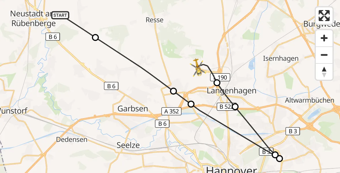 Flugroute Rettungshubschrauber Neustadt am Rübenberge - Flughafen Hannover, 22 September 2026, 16:08