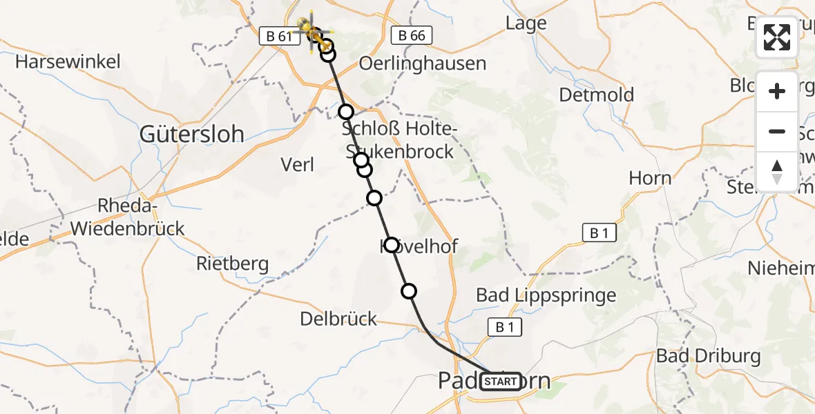 Flugroute Rettungshubschrauber Paderborn - Luftrettungszentrum Bielefeld, 22 September 2026, 16:09