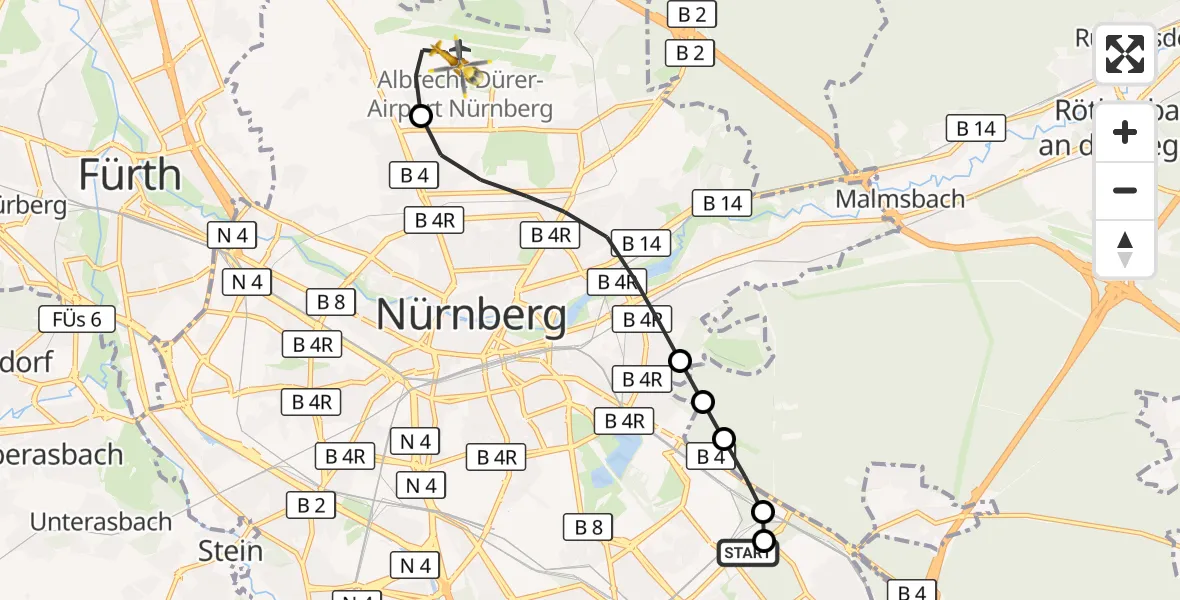 Flugroute Rettungshubschrauber Nürnberg South Hospital - Flughafen Nuremberg, 22 September 2026, 16:11