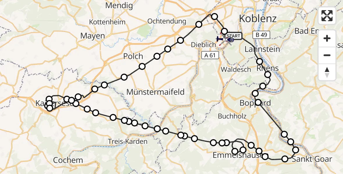 Flugroute Polizeihubschrauber Koblenz - Winningen, 22 September 2026, 16:12