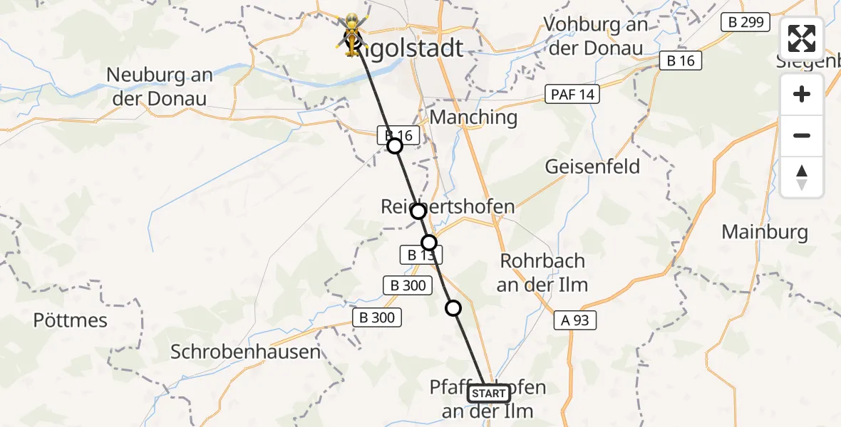 Flugroute Rettungshubschrauber Pfaffenhofen a.d.Ilm - Ingolstadt Hospital, 22 September 2026, 16:12