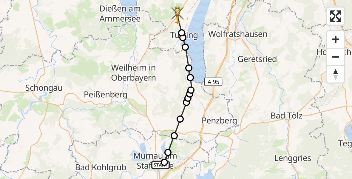 Flugroute Rettungshubschrauber Murnau Accident Hospital - Tutzing, 22 September 2026, 16:27