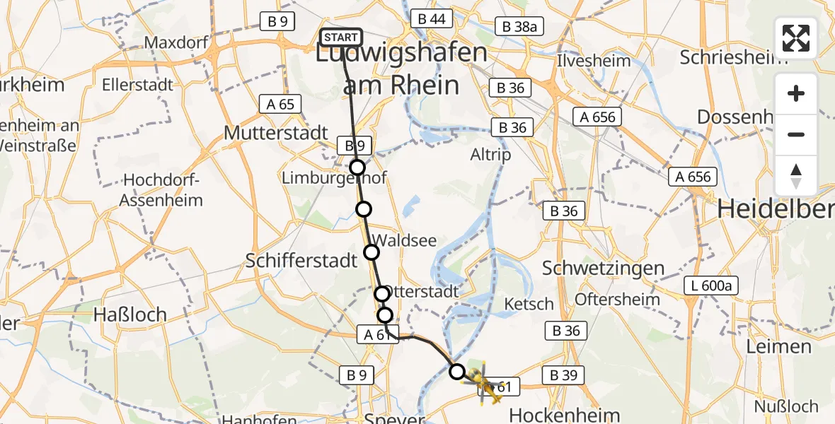 Flugroute Rettungshubschrauber Ludwigshafen am Rhein - Hockenheim, 22 September 2026, 16:27