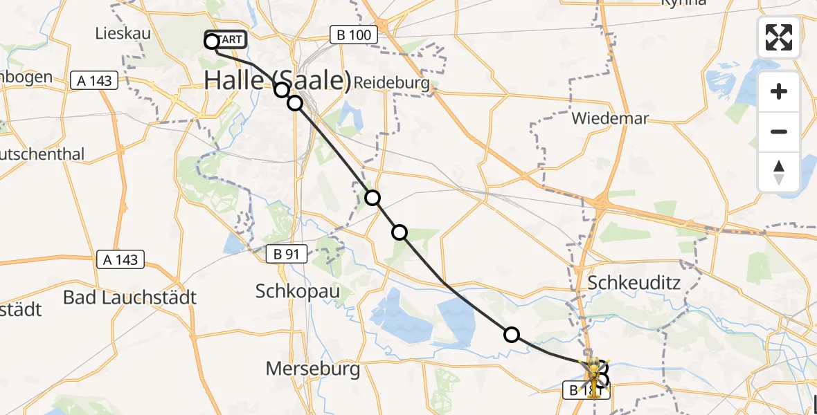 Flugroute Rettungshubschrauber Halle (Saale) University Hospital - ADAC Air Rescue Station Leipzig/Schkeuditz-Dölzig Hubschrauberlandeplatz (Christoph 61), 22 September 2026, 16:30
