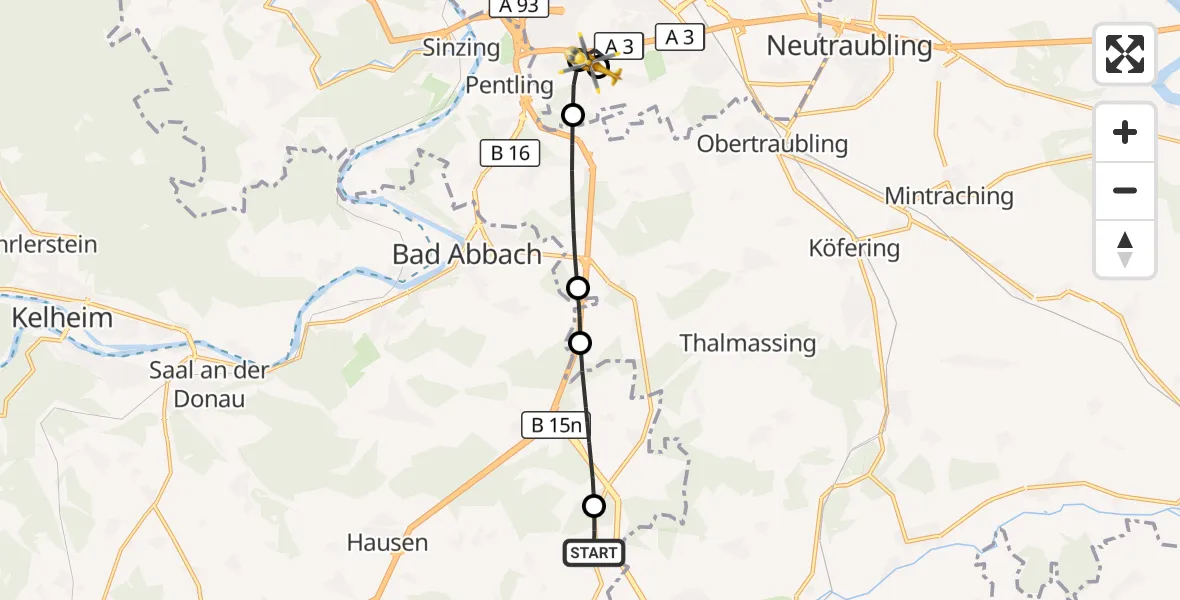 Flugroute Rettungshubschrauber Langquaid - DRF Air Rescue Station Regensburg / Regensburg University Hospital, 22 September 2026, 16:38