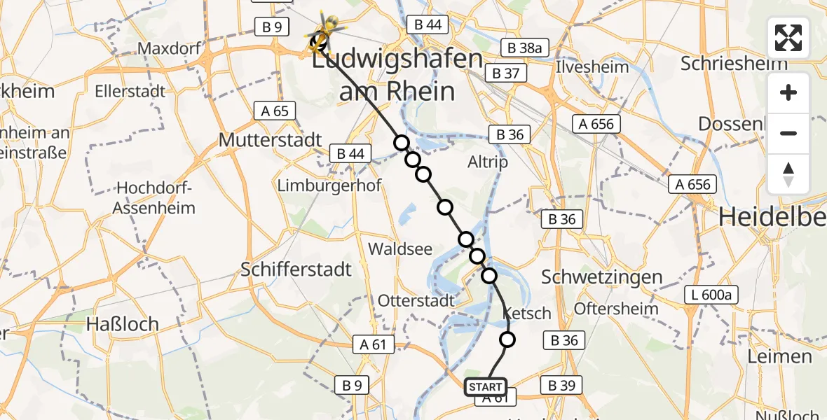 Flugroute Rettungshubschrauber Hockenheim - Ludwigshafen Accident Hospital, 22 September 2026, 16:42