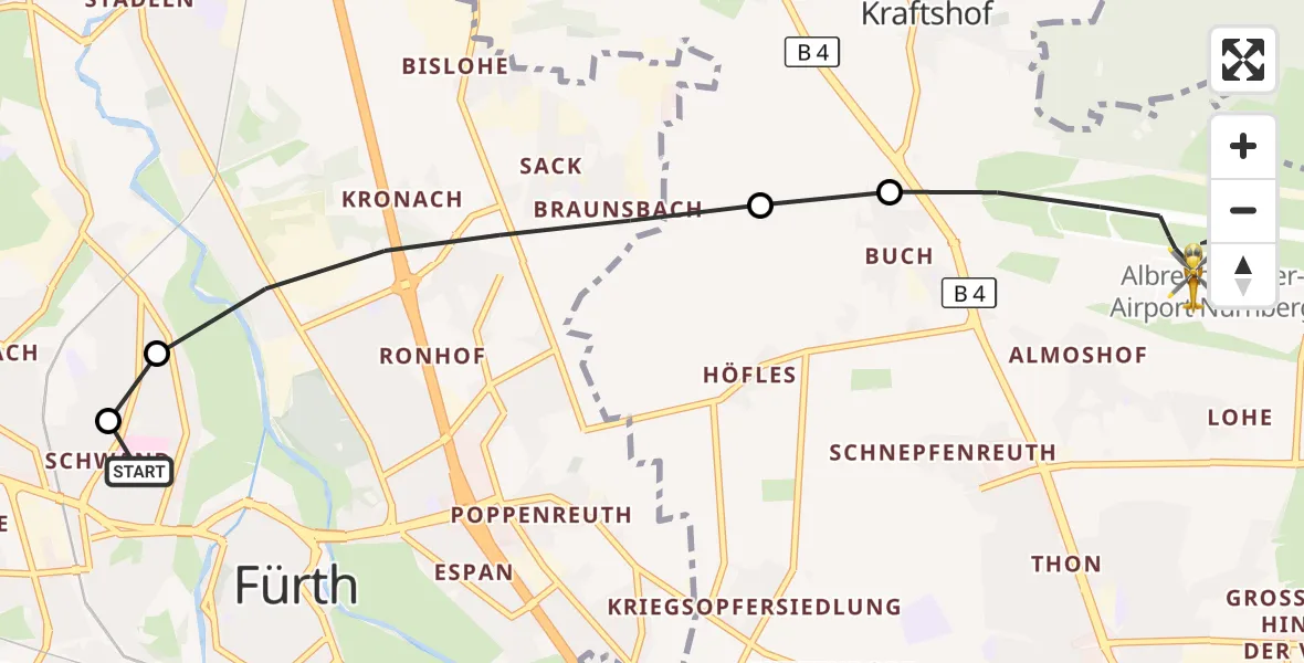 Flugroute Ambulanzhubschrauber Fürth Hospital - Flughafen Nuremberg, 22 September 2026, 16:45