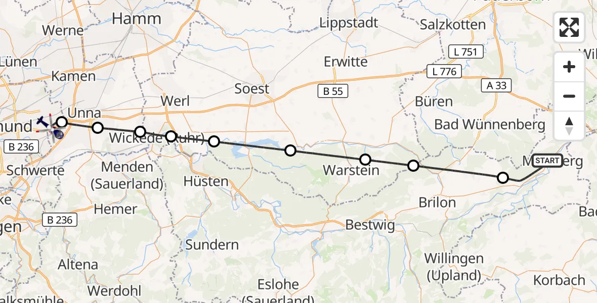 Flugroute Polizeihubschrauber Marsberg - Dortmund Flughafen, 22 September 2026, 16:46