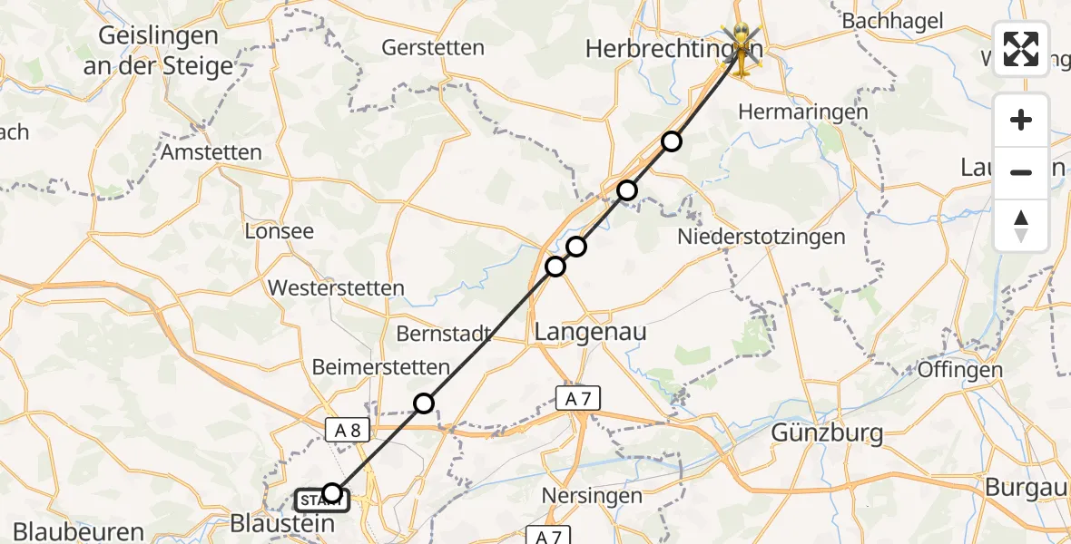 Flugroute Rettungshubschrauber Ulm Military Hospital Emergency - Giengen an der Brenz, 22 September 2026, 16:46