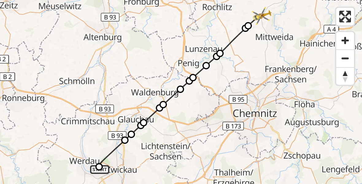Flugroute Rettungshubschrauber ADAC Air Rescue Station Zwickau Hubschrauberlandeplatz - Erlau, 22 September 2026, 16:47