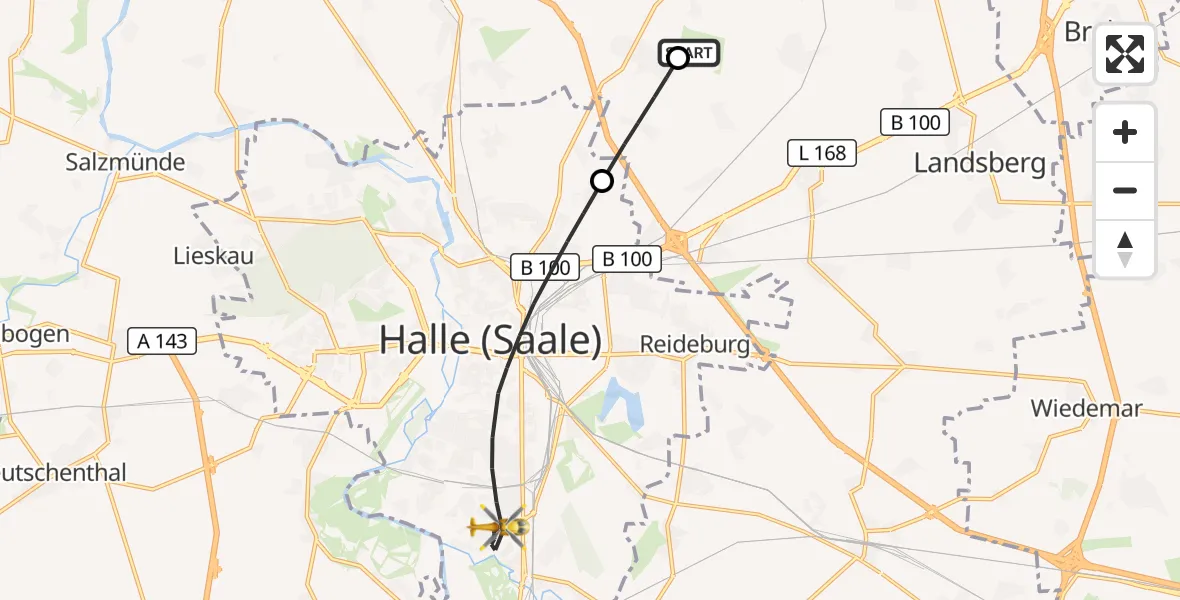 Flugroute Rettungshubschrauber Halle-Oppin Flugplatz - Halle (Saale), 22 September 2026, 17:03