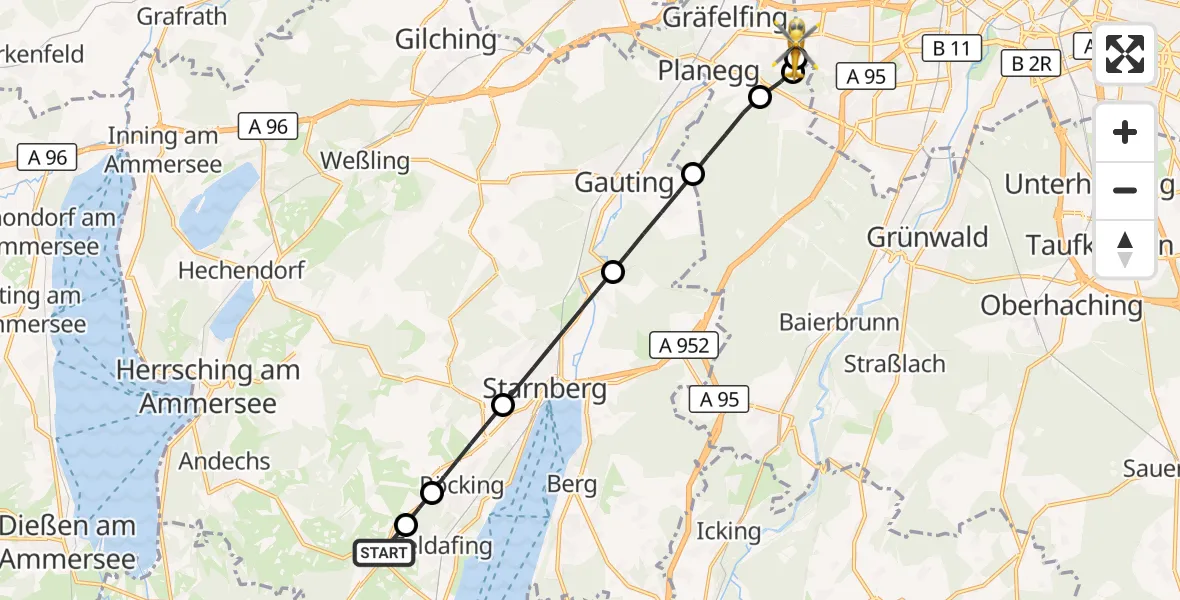Flugroute Rettungshubschrauber Tutzing - DRF Air Rescue München Hubschrauberlandeplatz, 22 September 2026, 17:11