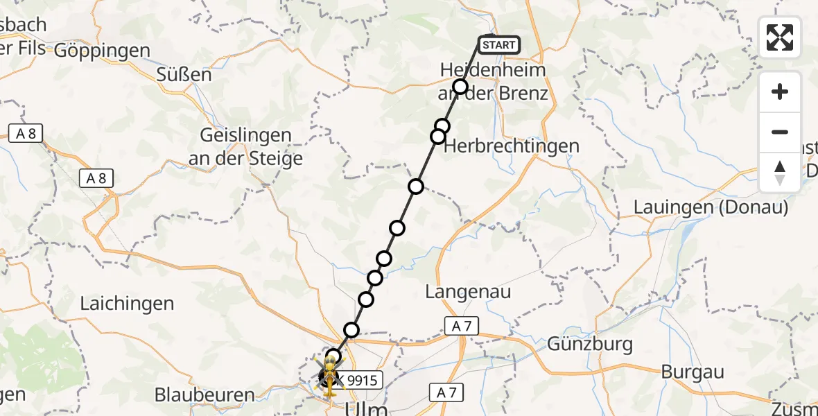 Flugroute Rettungshubschrauber Heidenheim an der Brenz - ADAC Air Rescue Station Ulm (Christoph 22), 22 September 2026, 17:45