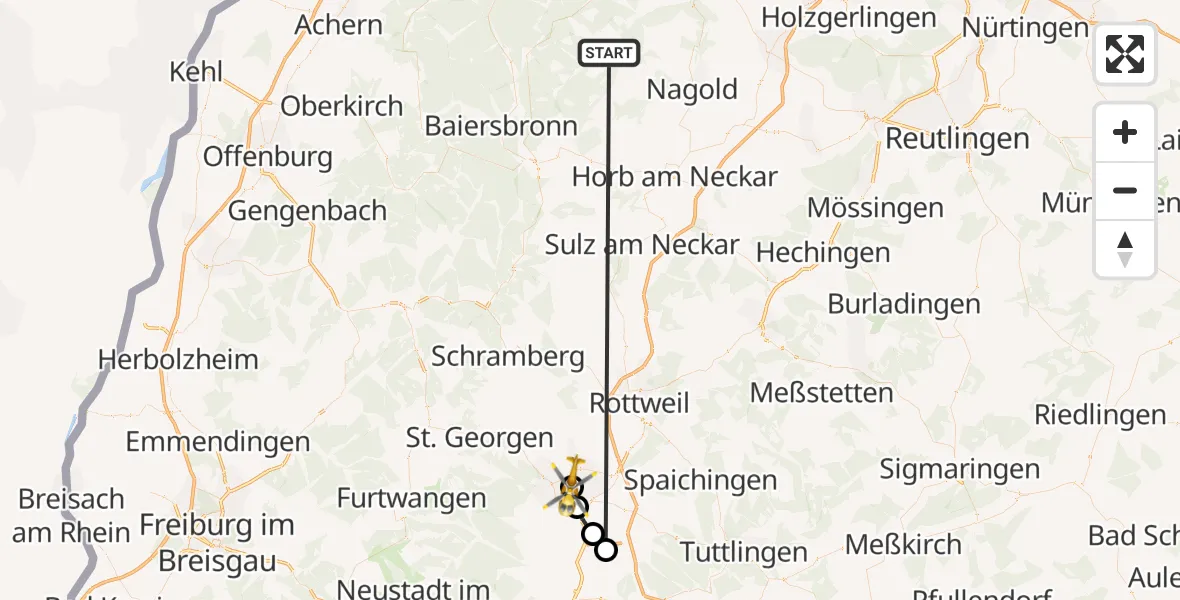 Flugroute Ambulanzhubschrauber Altensteig - DRF Air Rescue Station Villingen-Schwenningen Hubschrauberlandeplatz (Christoph 11), 22 September 2026, 17:52
