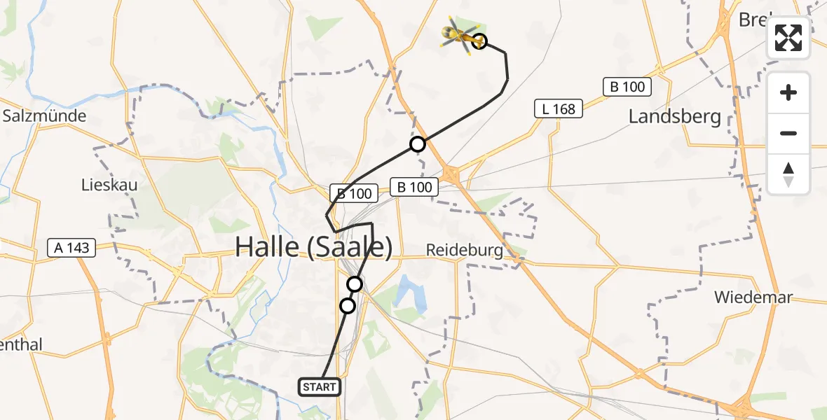 Flugroute Rettungshubschrauber Halle (Saale) - Halle-Oppin Flugplatz, 22 September 2026, 17:58