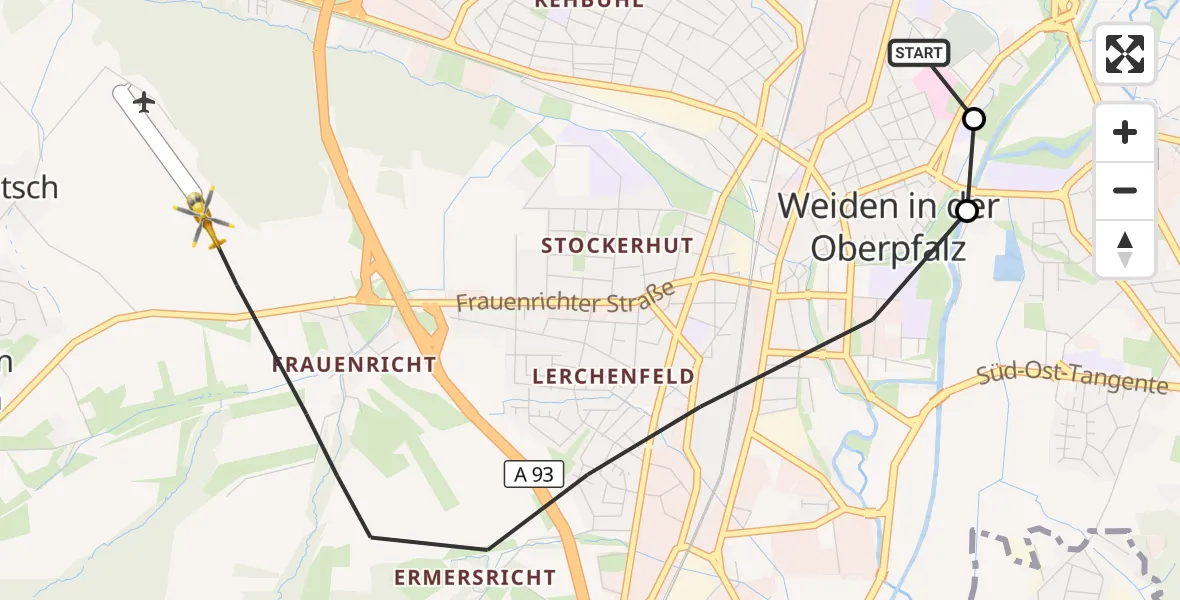 Flugroute Ambulanzhubschrauber Weiden Hospital - Weiden in der Oberpfalz Flugplatz, 22 September 2026, 18:06