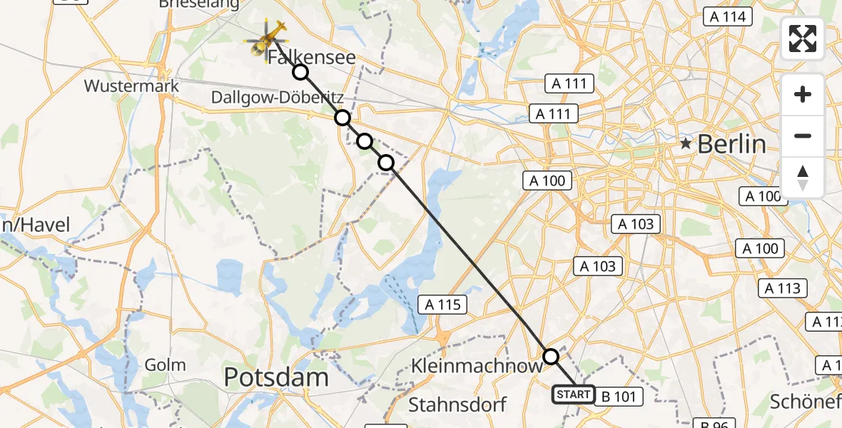 Flugroute Rettungshubschrauber Teltow - Falkensee, 22 September 2026, 18:09