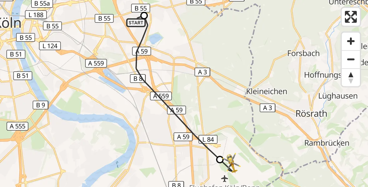 Flugroute Rettungshubschrauber Merheim Hospital - Köln Bonn Flughafen, 22 September 2026, 18:16