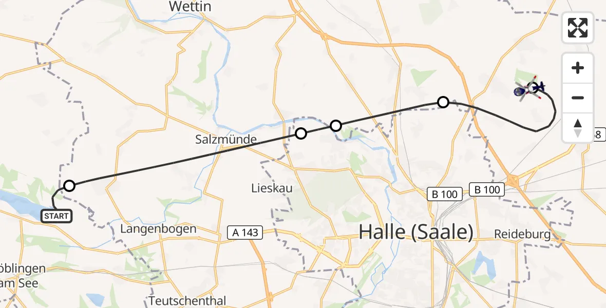 Flugroute Polizeihubschrauber Seegebiet Mansfelder Land - Halle-Oppin Flugplatz, 22 September 2026, 18:36