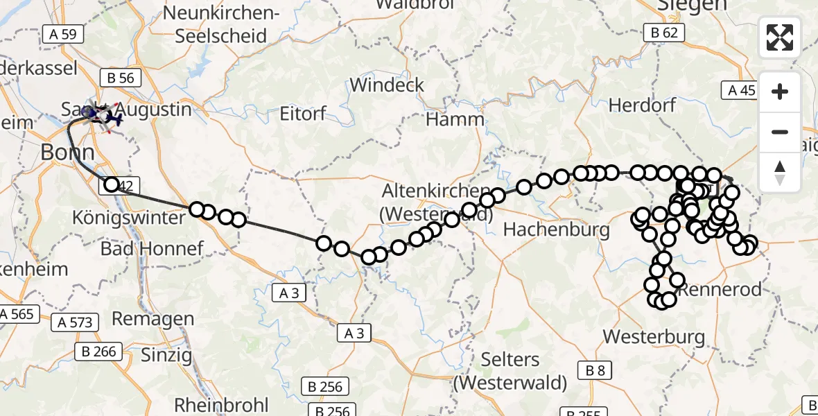 Flugroute Polizeihubschrauber Emmerzhausen - Sankt Augustin, 22 September 2026, 18:51