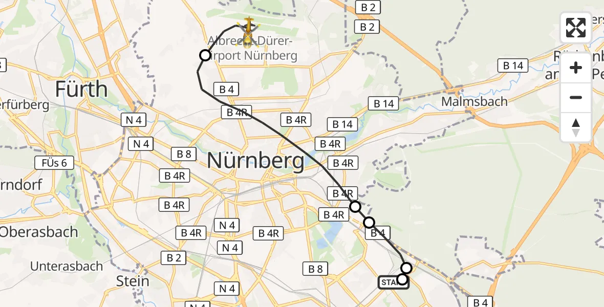 Flugroute Rettungshubschrauber Nürnberg South Hospital - Flughafen Nuremberg, 22 September 2026, 19:01