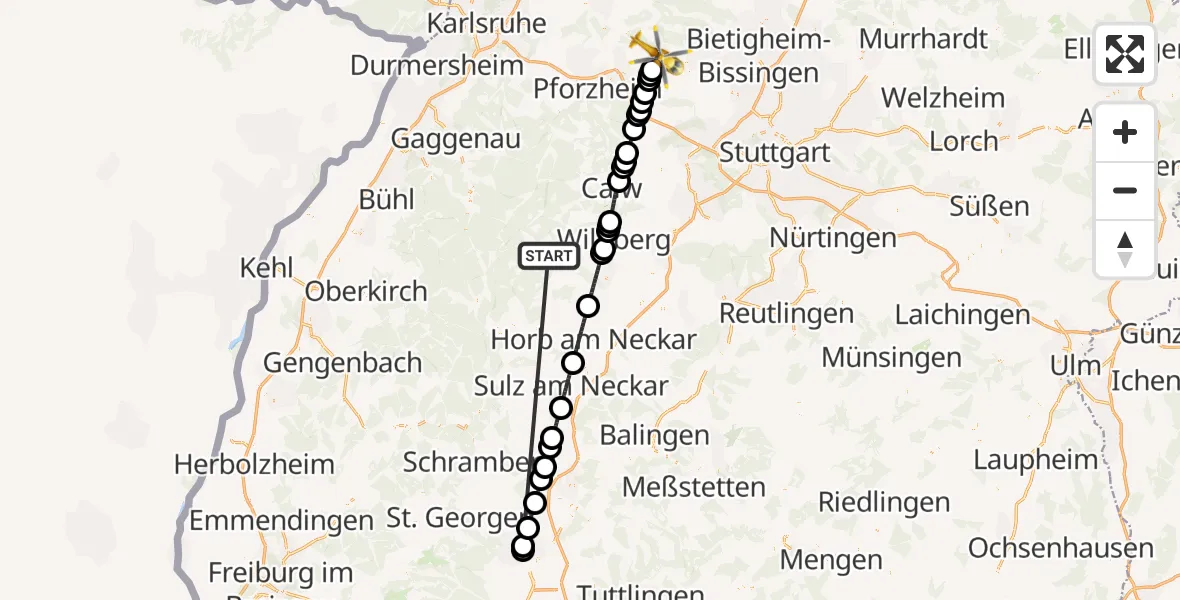 Flugroute Ambulanzhubschrauber Altensteig - Mühlacker, 22 September 2026, 19:12