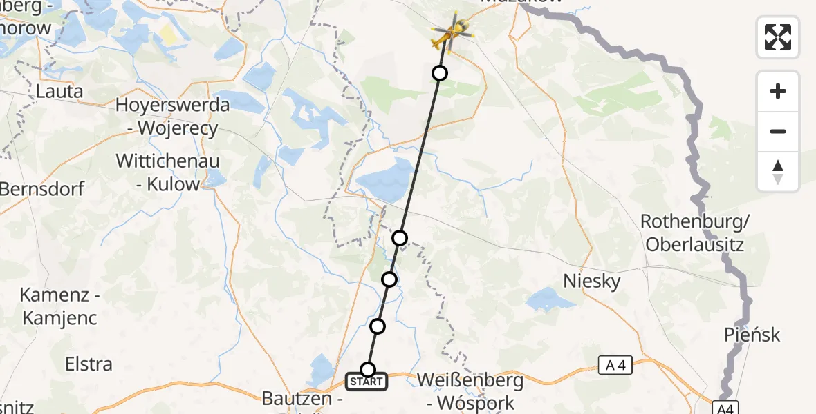 Flugroute Rettungshubschrauber Kubschütz - Weißwasser/O.L., 22 September 2026, 19:32