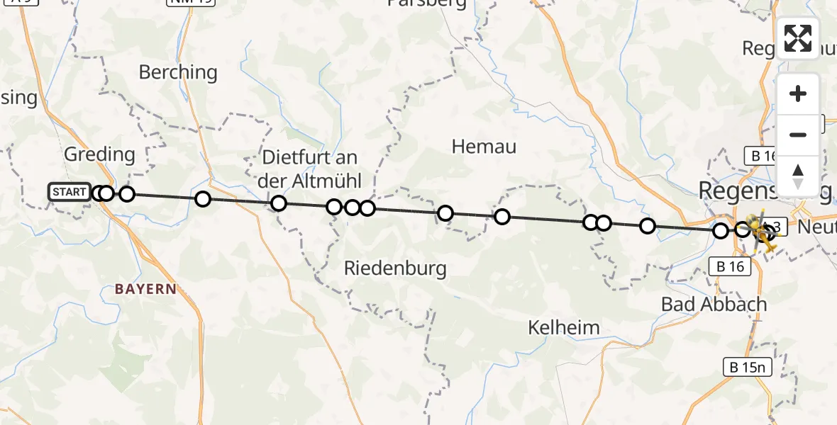 Flugroute Rettungshubschrauber Greding - DRF Air Rescue Station Regensburg / Regensburg University Hospital, 22 September 2026, 19:39