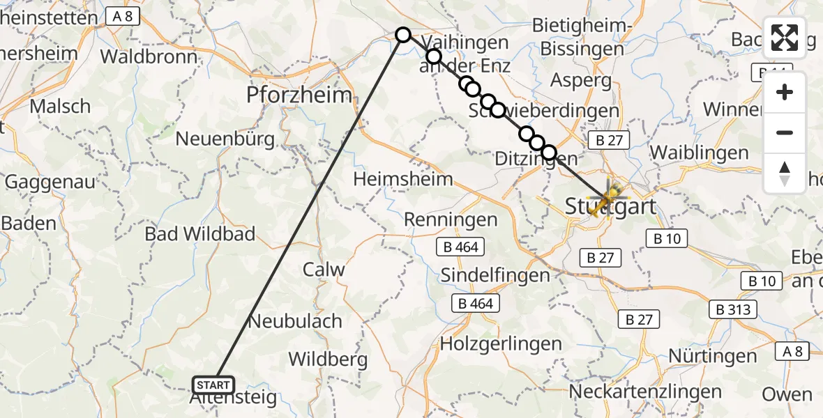 Flugroute Ambulanzhubschrauber Altensteig - Stuttgart, 22 September 2026, 20:09