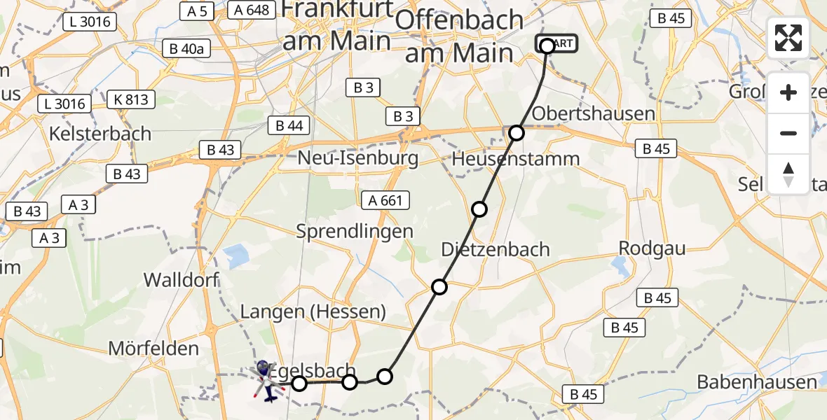 Flugroute Polizeihubschrauber Mühlheim am Main - Flughafen Frankfurt-Egelsbach, 22 September 2026, 20:25